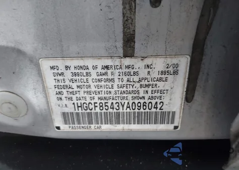 2000 Honda Accord 2.3 Dx из США, поврежденный, VIN 1HGCF8543YA096042